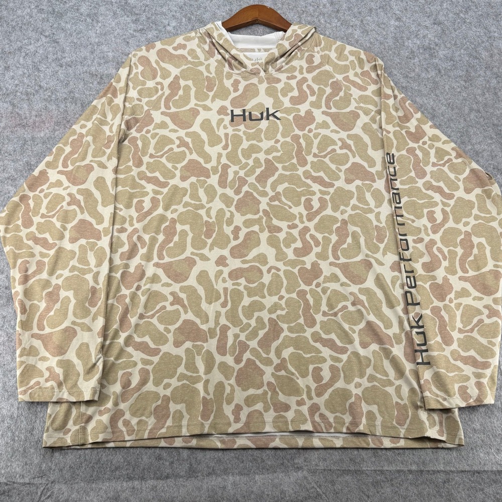 Huk Performance Fishing Hoodie Mens XXL Camo Long Sleeve Sun Shirt Tan Brown